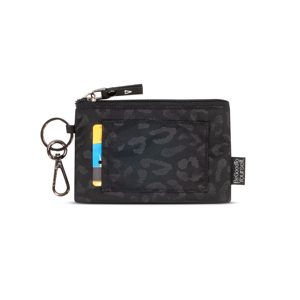 Nylon card holder pouch in black leopard print with key ring and clip | ANDI Brand