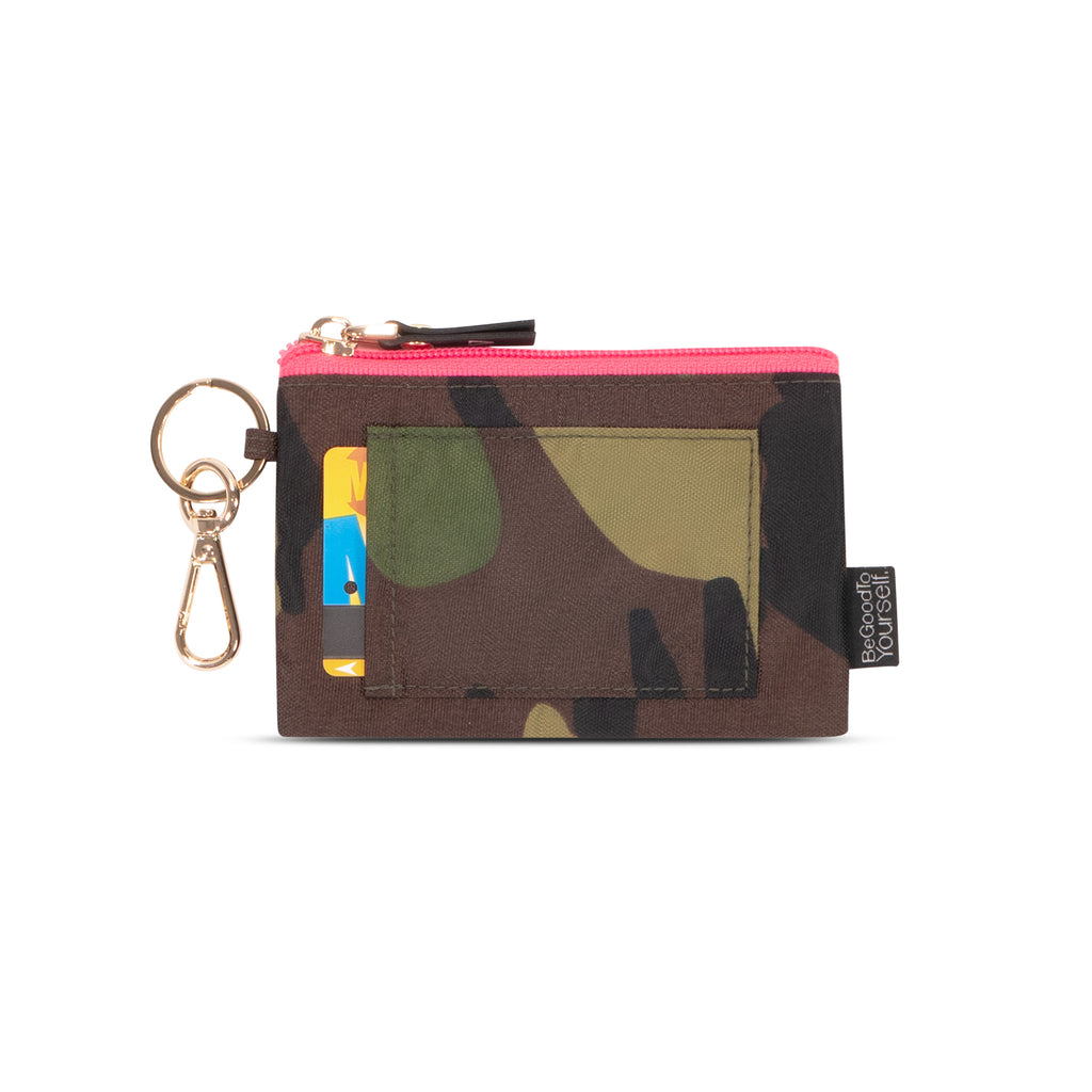 Nylon card holder keychain pouch in camo with hot pink | Key ring and dog clip | ANDI Wallet