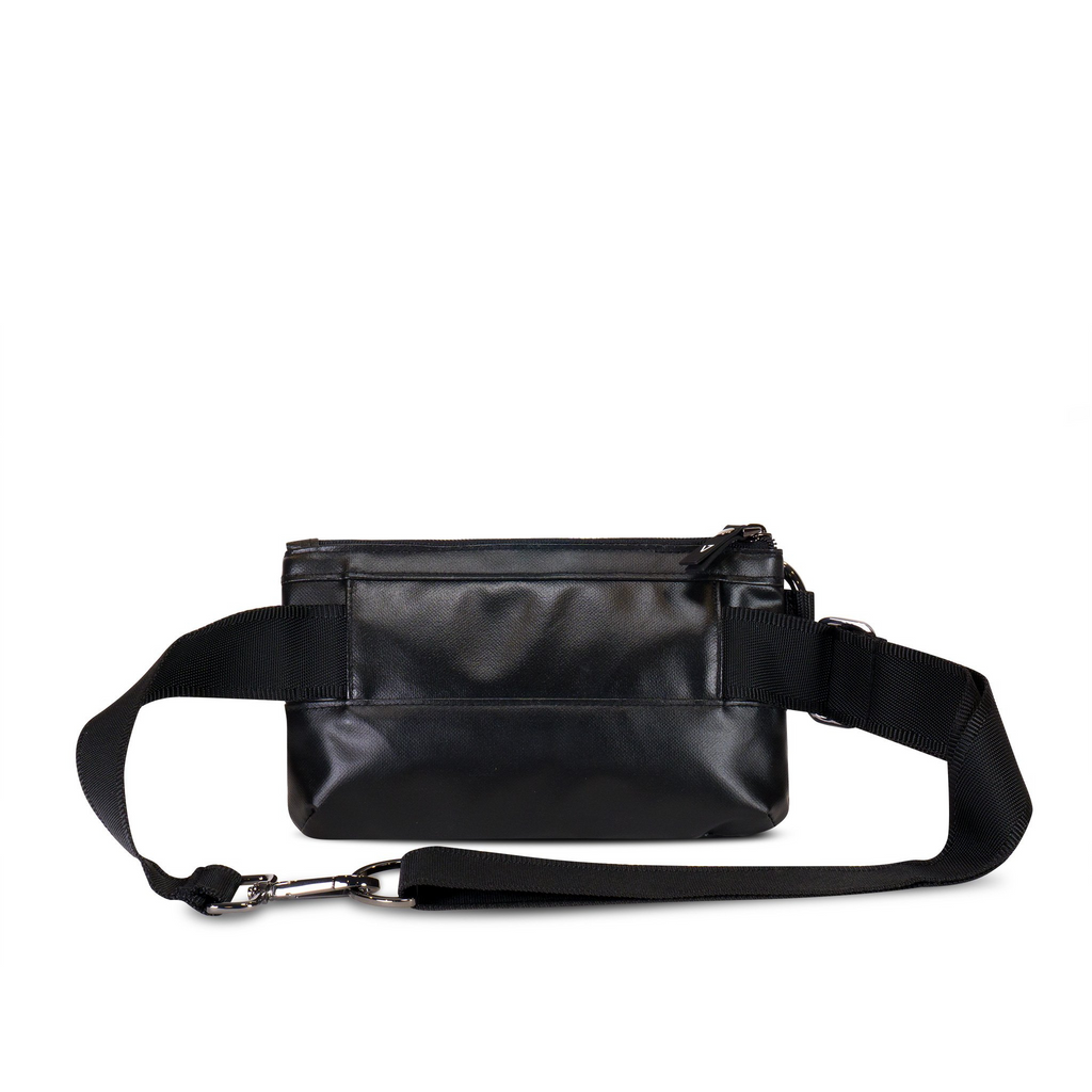 Back view of ANDI small handheld clutch that converts to fanny pack | Onyx black