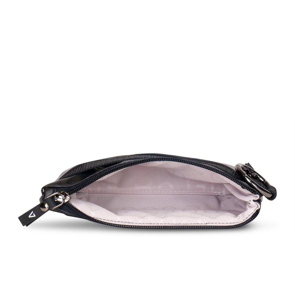 Inside view of ANDI convertible small pouch bag in Onyx black color