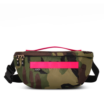 Stylish nylon fanny pack in green camo with hot pink | Top grab handle | ANDI Brand