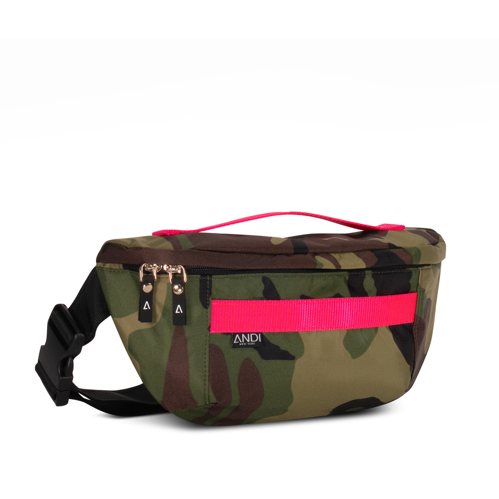 Luxury nylon fanny pack in camouflage with hot pink touch | top carry handle | ANDI Brand