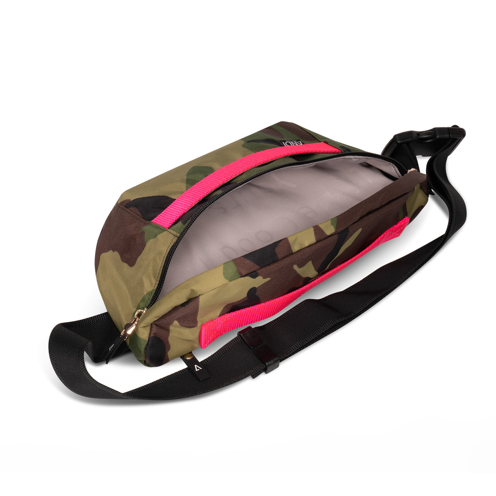 Large nylon waist bag in camo with dual zip main compartment | Hot pink | ANDI Brand