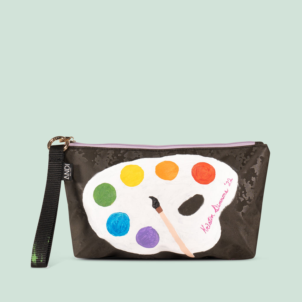 Artistic creation of artist Kristin Simmons on snap-out handheld wristlet pouch of ANDI Large tote
