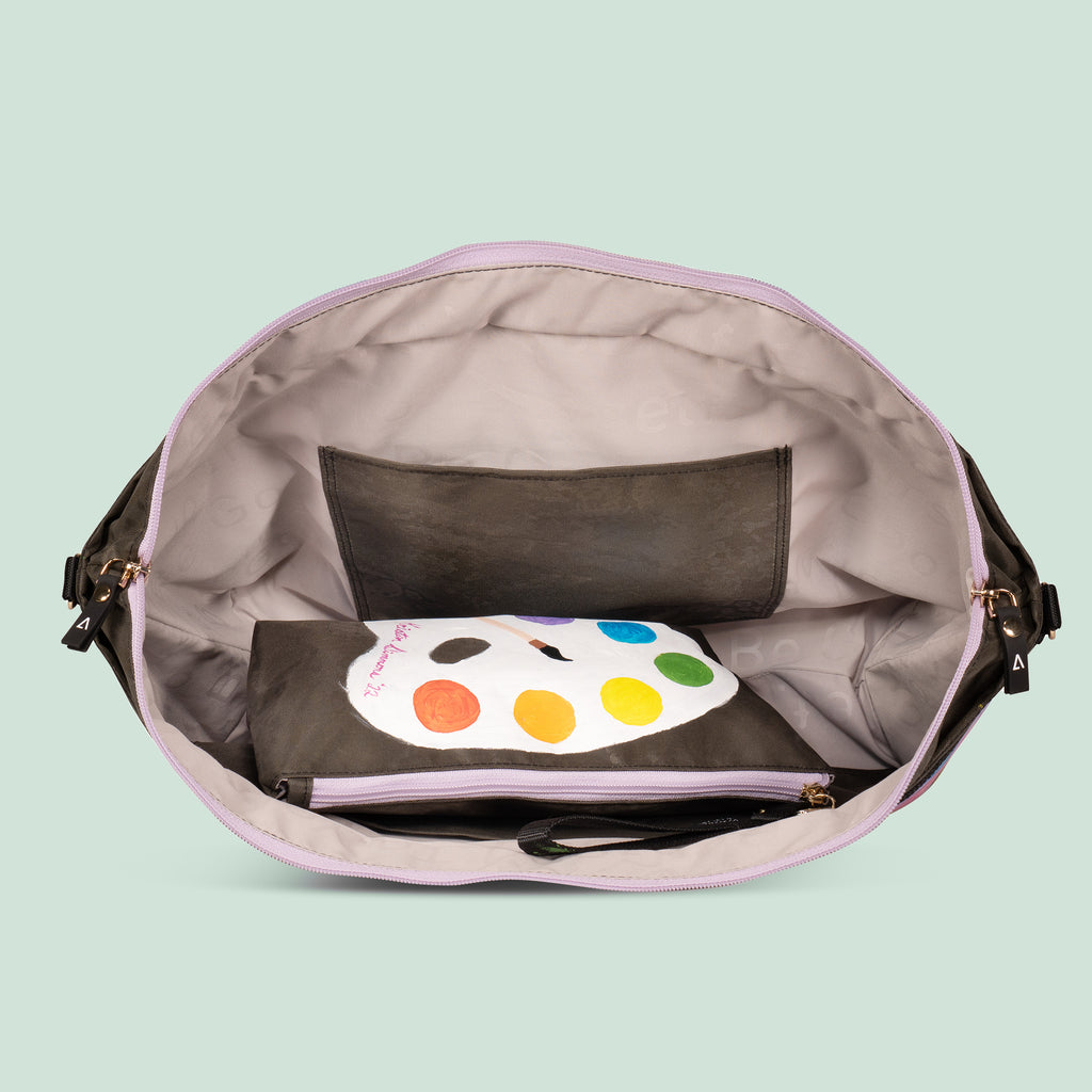 Inside view of one of a kind ANDI large emotional baggage travel tote | artist Kristin Simmons