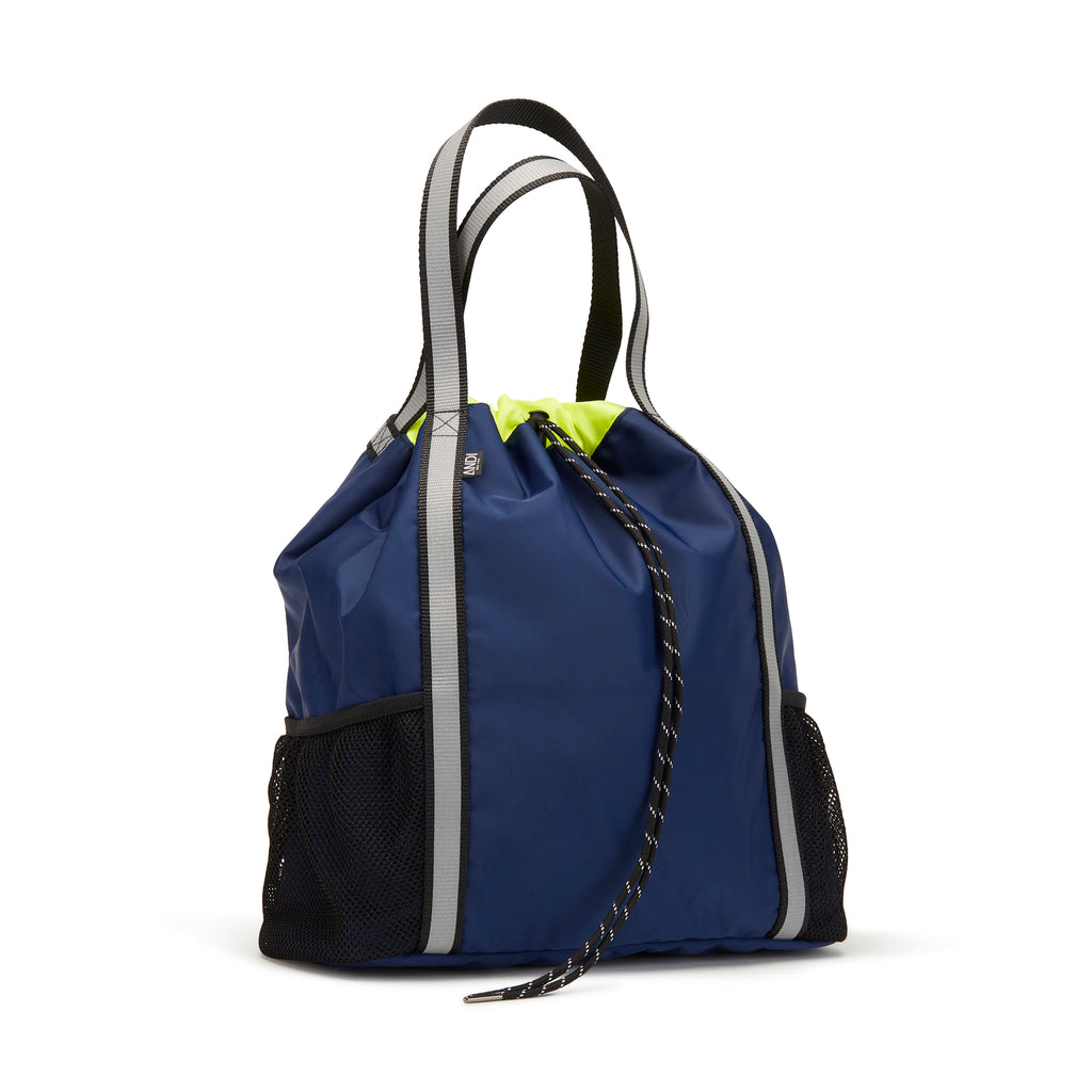 Ladies fashion backpack in navy blue with reflective handles | Drawstring closure | ANDI Nylon gym bag