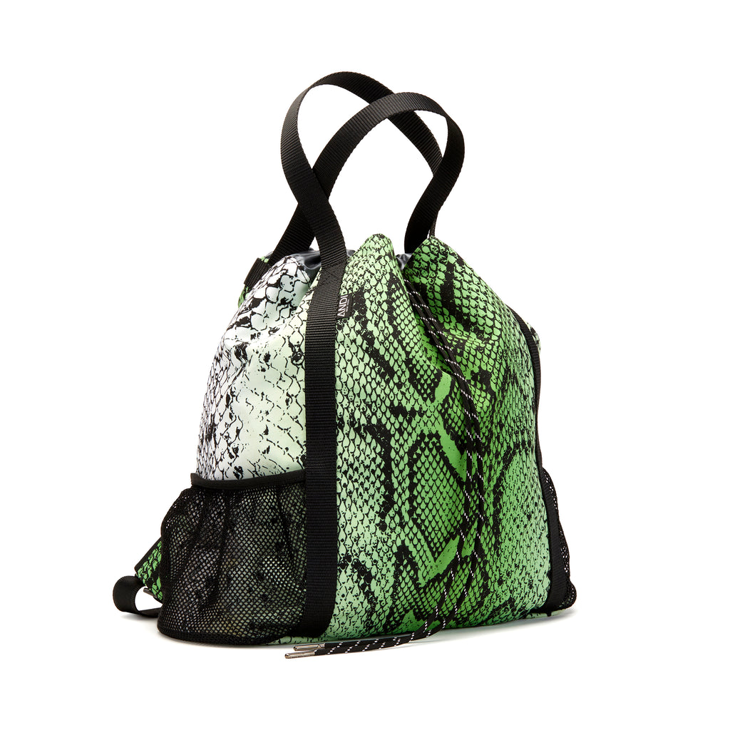 Ladies daily adventure bag in green snake print nylon with drawstring closure | ANDI gym backpack