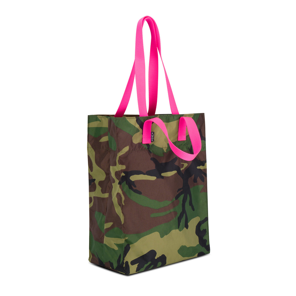 Machine-washable cute shopping tote with fun carry handles | Camo with hot pink | ANDI nylon tote