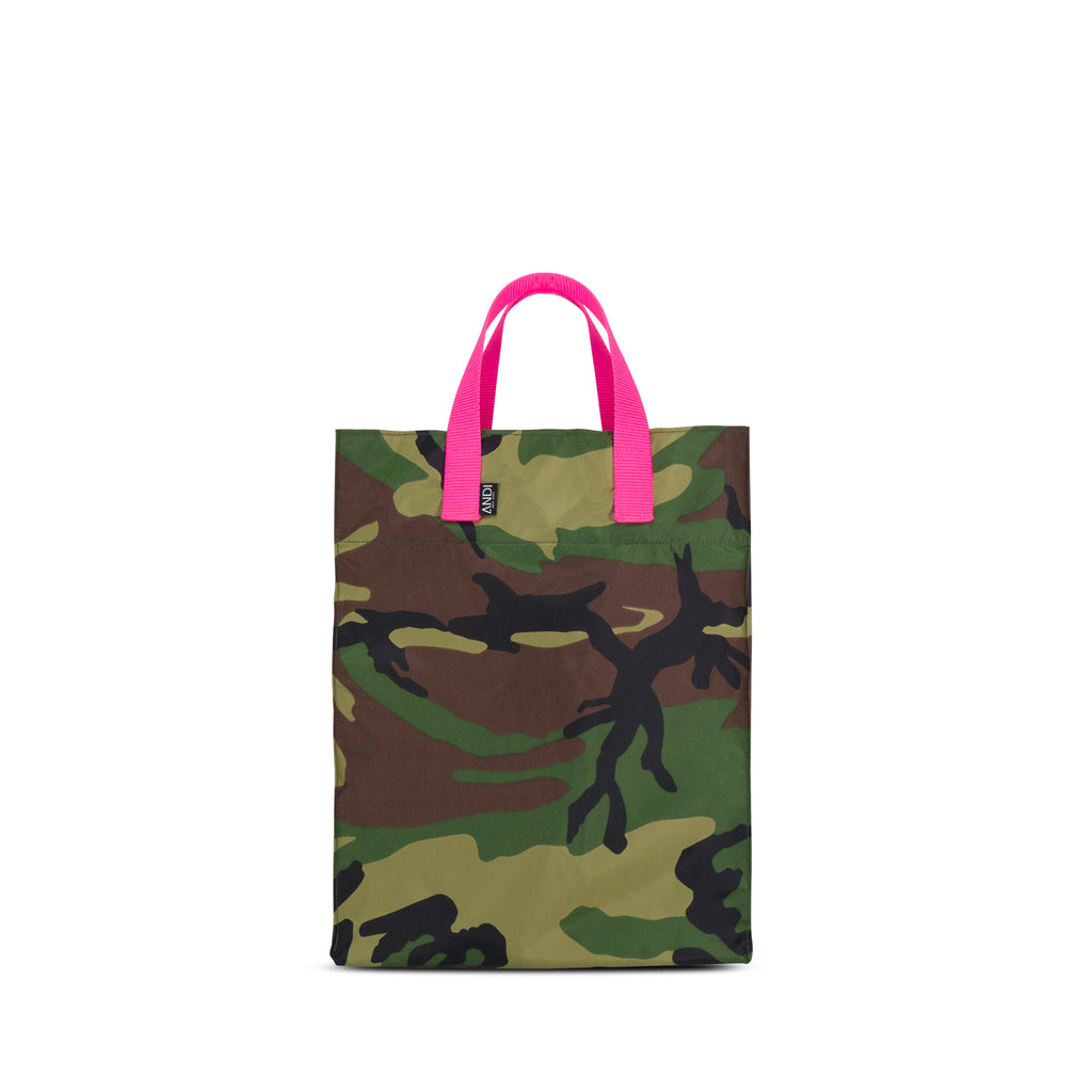 Camouflage nylon shopping tote with hot pink external carry handles | ANDI Brand