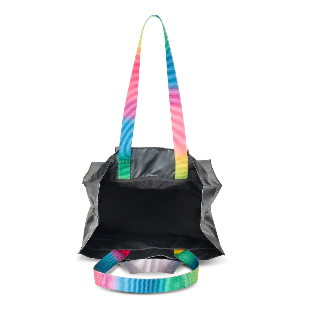 Lightweight nylon market bag in metallic silver with fun carry handles | ANDI reusable beach bag