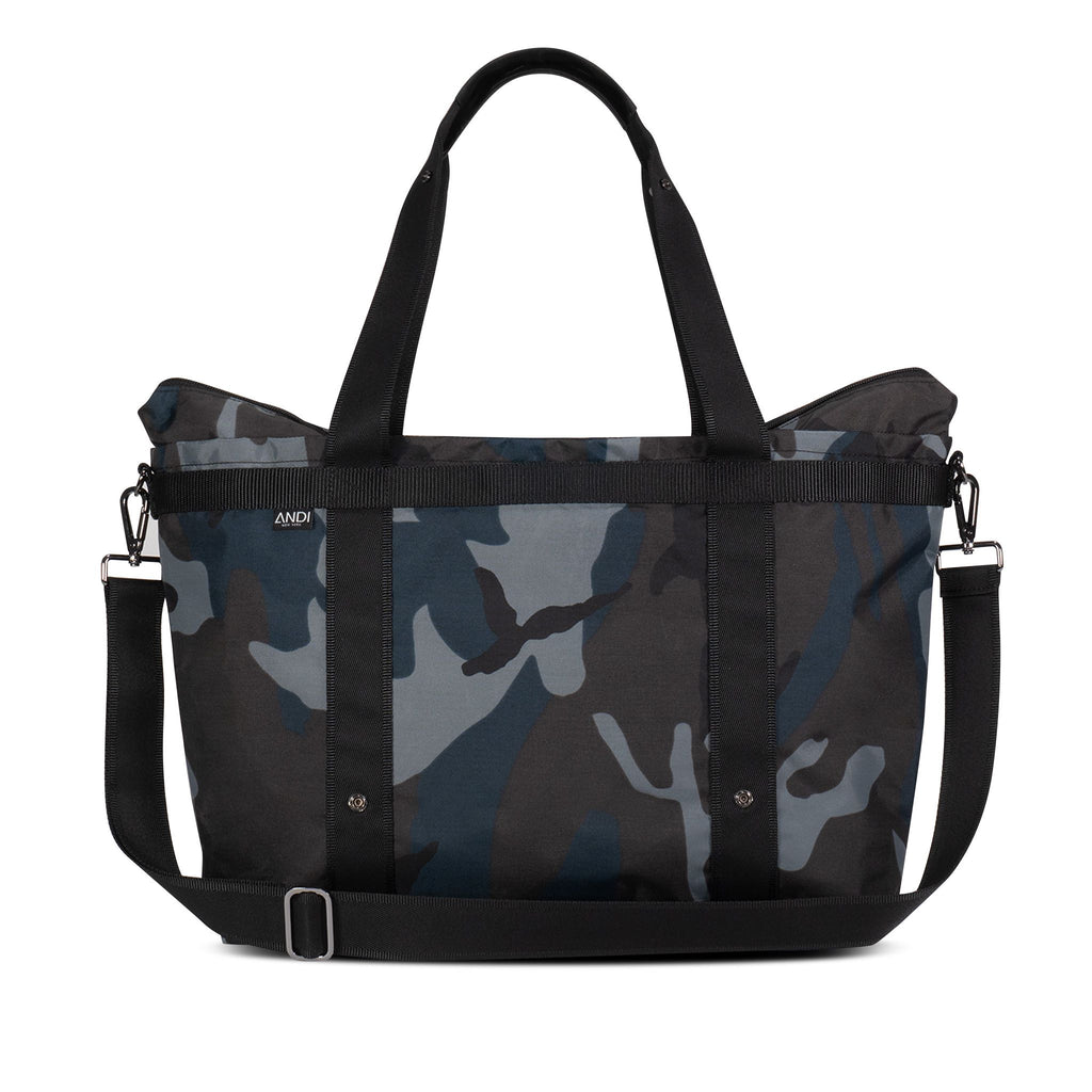 Large fashion travel tote in grey camouflage with adjustable and removable straps | ANDI Brand