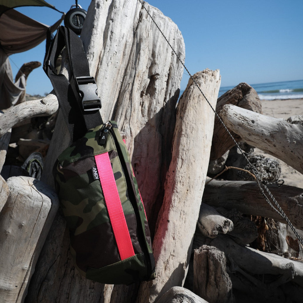 Camouflage nylon belt bag on a beach | Camo with hot pink | ANDI Brand