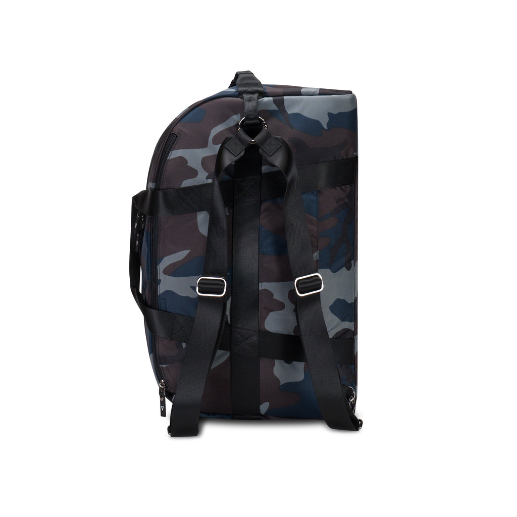 Nylon travel duffel in blue camo that converts to backpack | ANDI overnight bag