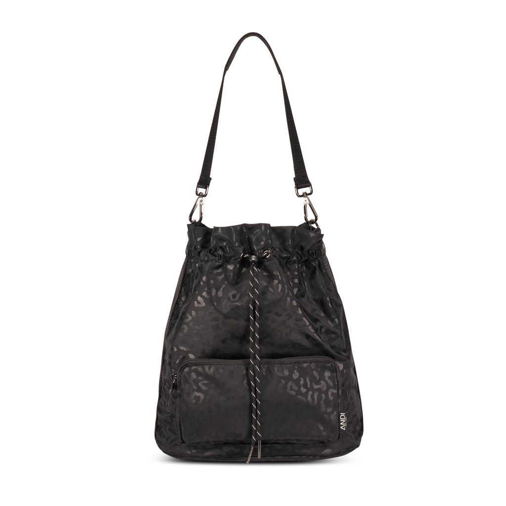 Womens cross-body bag in black leopard print with removable shoulder strap | ANDI Nylon Bucket
