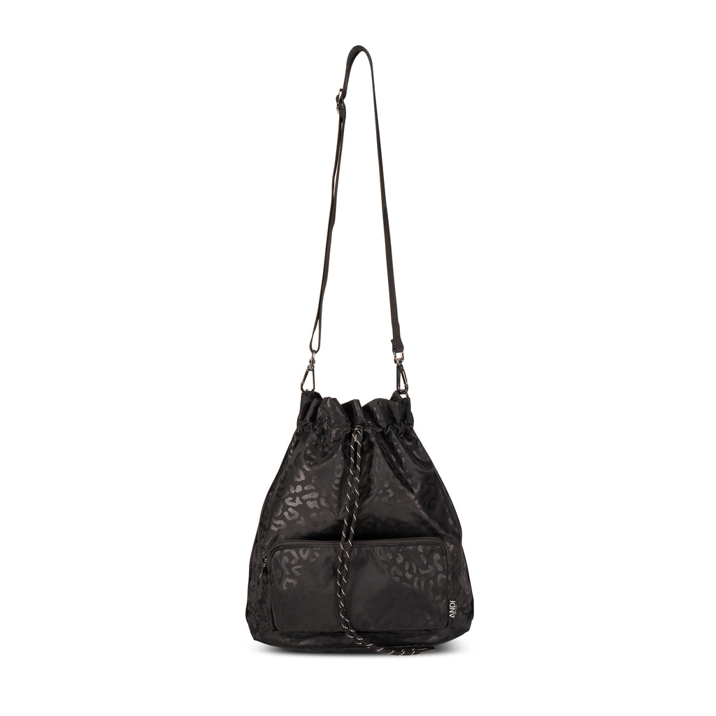 Luxury nylon bucket bag with two detachable straps | Black Leopard print | ANDI Brand