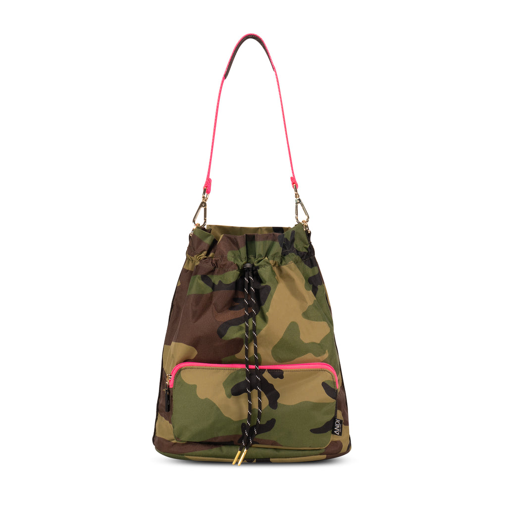 Womens luxury gym bag in camouflage with hot pink touch | water resistant nylon | ANDI Nylon Bucket
