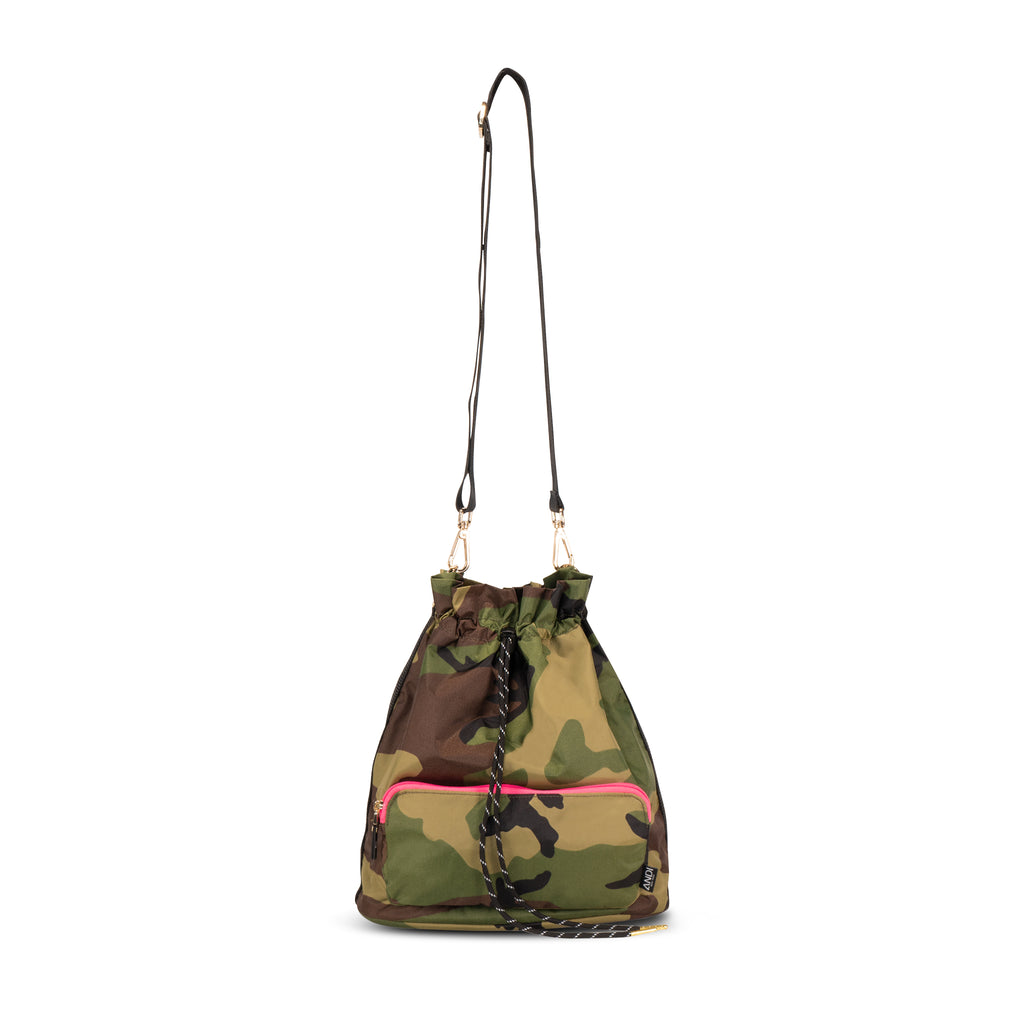 ANDI Light-weight cross-body bucket bag with removable shoulder straps | Camo with hot pink | Nylon