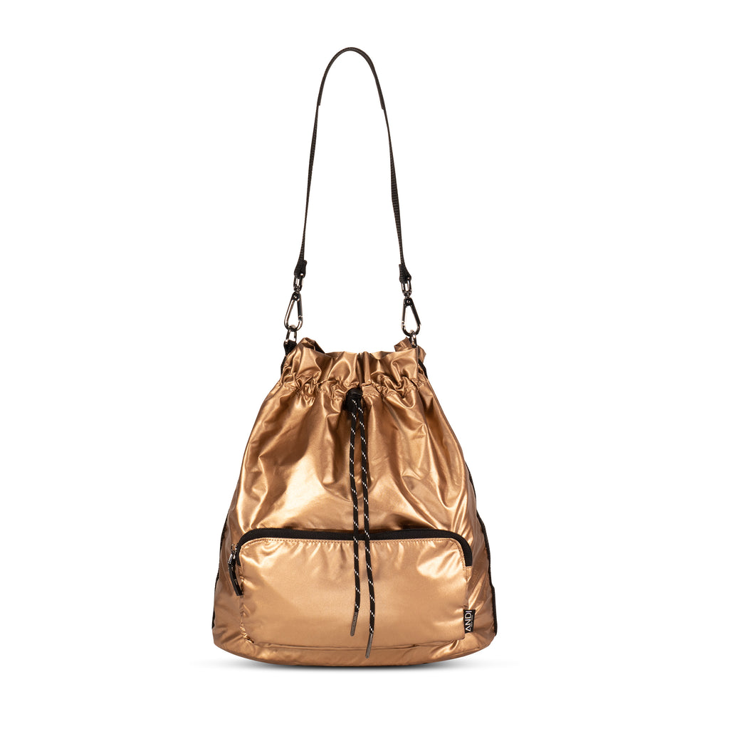 Nylon fashion gym bag with removable cross-body and shoulder straps | Metallic Rose Gold | ANDI Bucket
