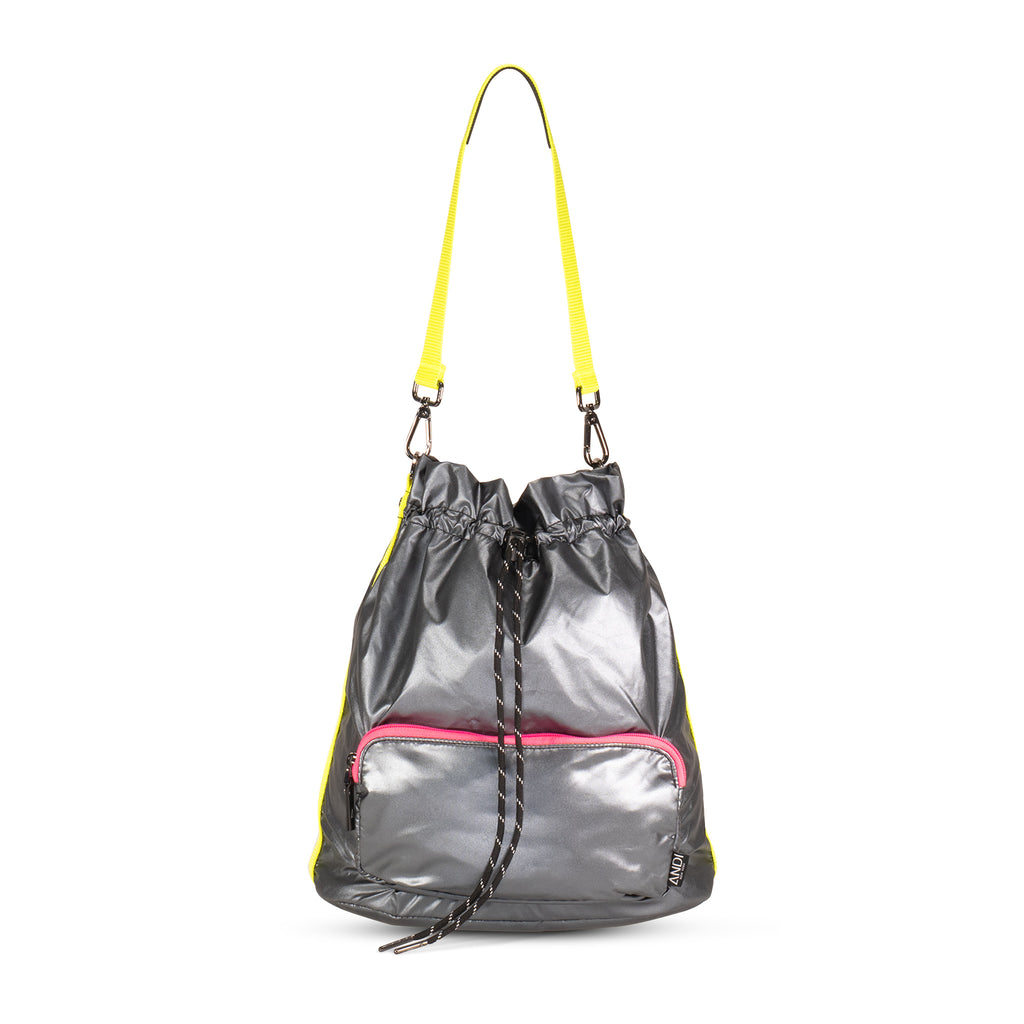 Metallic silver nylon bucket bag with cross-body and shoulder straps | hot pink | ANDI Brand