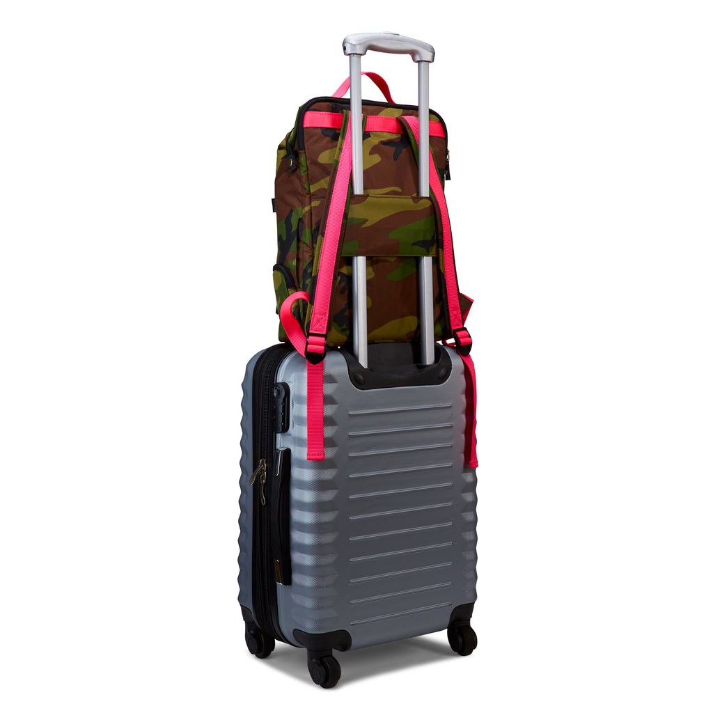 Womens luxury backpack for travel | ANDI Brand | trolley sleeve | Camo with hot pink