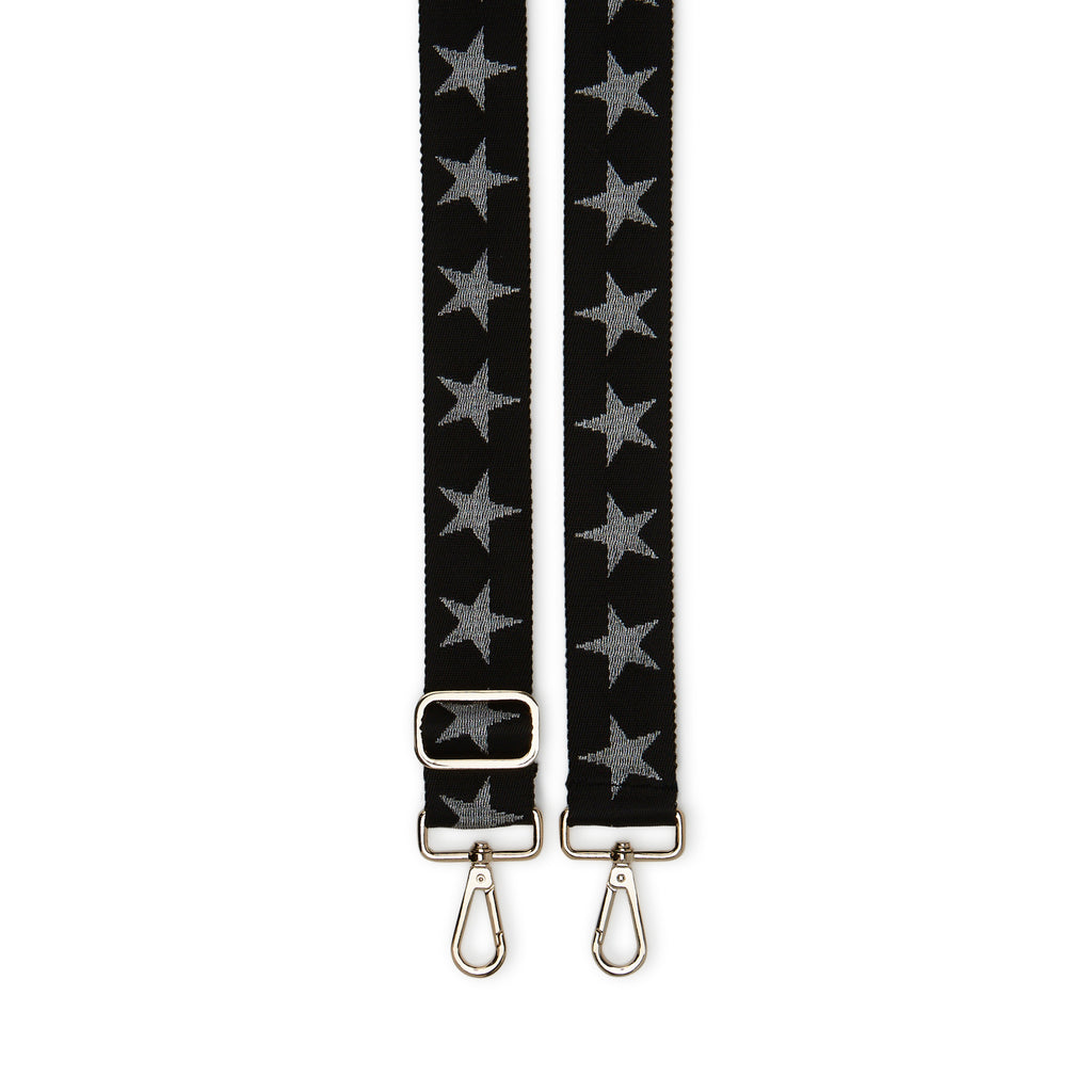 Nylon crossbody strap in black with metallic silver stars | ANDI replacement strap | Gold hardware