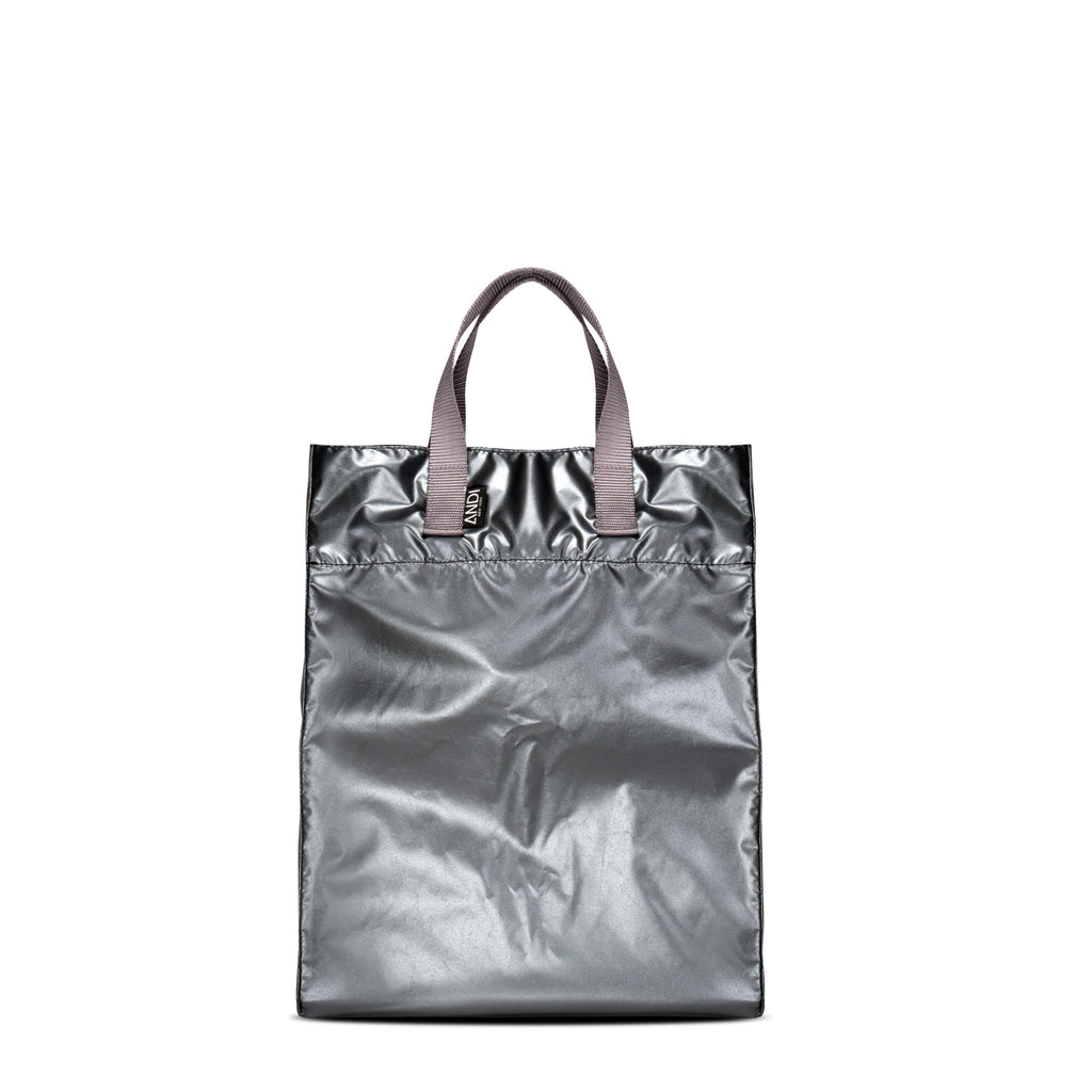 Metallic silver large reusable shopper bag with external carry handles | ANDI nylon shopping tote
