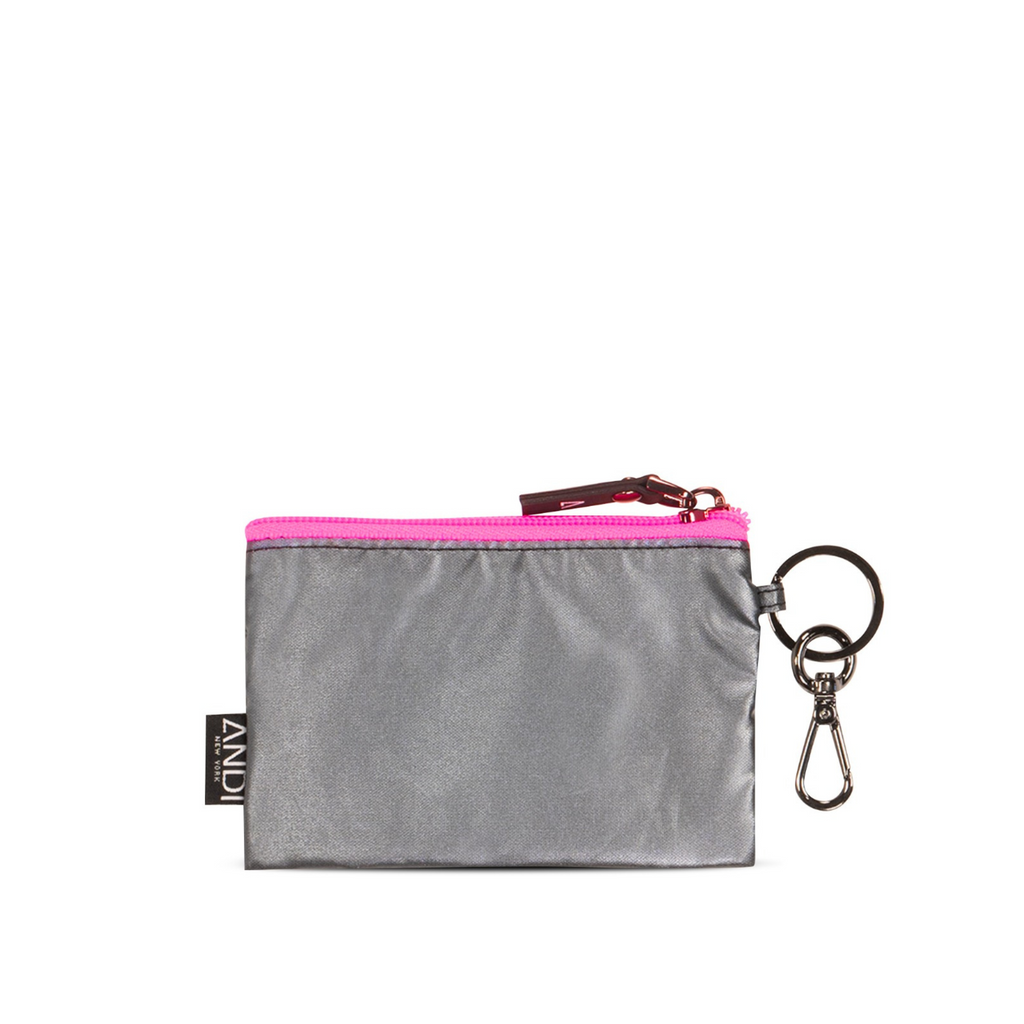 Mini wallet pouch in metallic silver nylon | Hot pink | Key ring | ANDI Brand