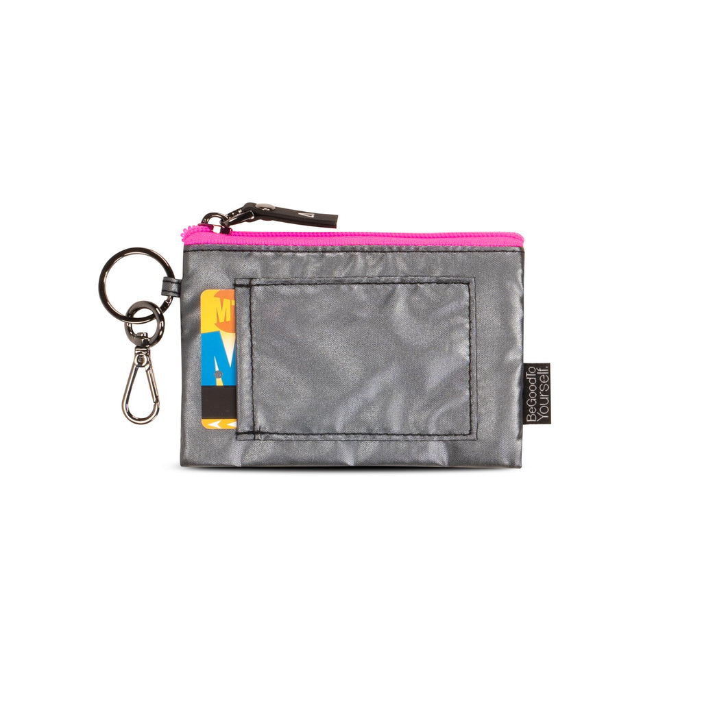 Mini card holder pouch with key ring and clip | Metallic silver with hot pink | Keychain | ANDI