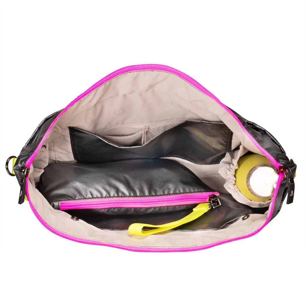 Small nylon travel tote that converts to backpack | Metallic silver with hot pink | ANDI Brand