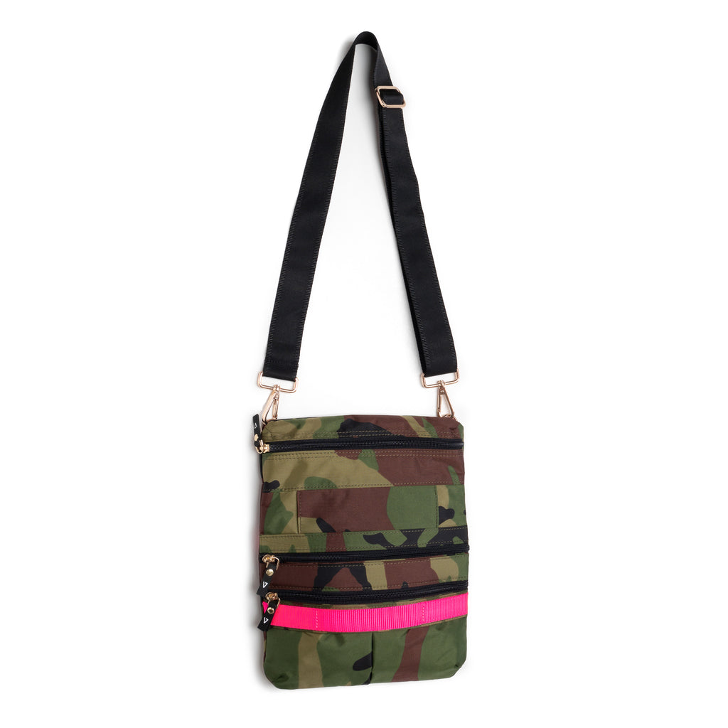 Convertible camo crossbody purse that triples the carrying capacity in expanded form | ANDI Brand